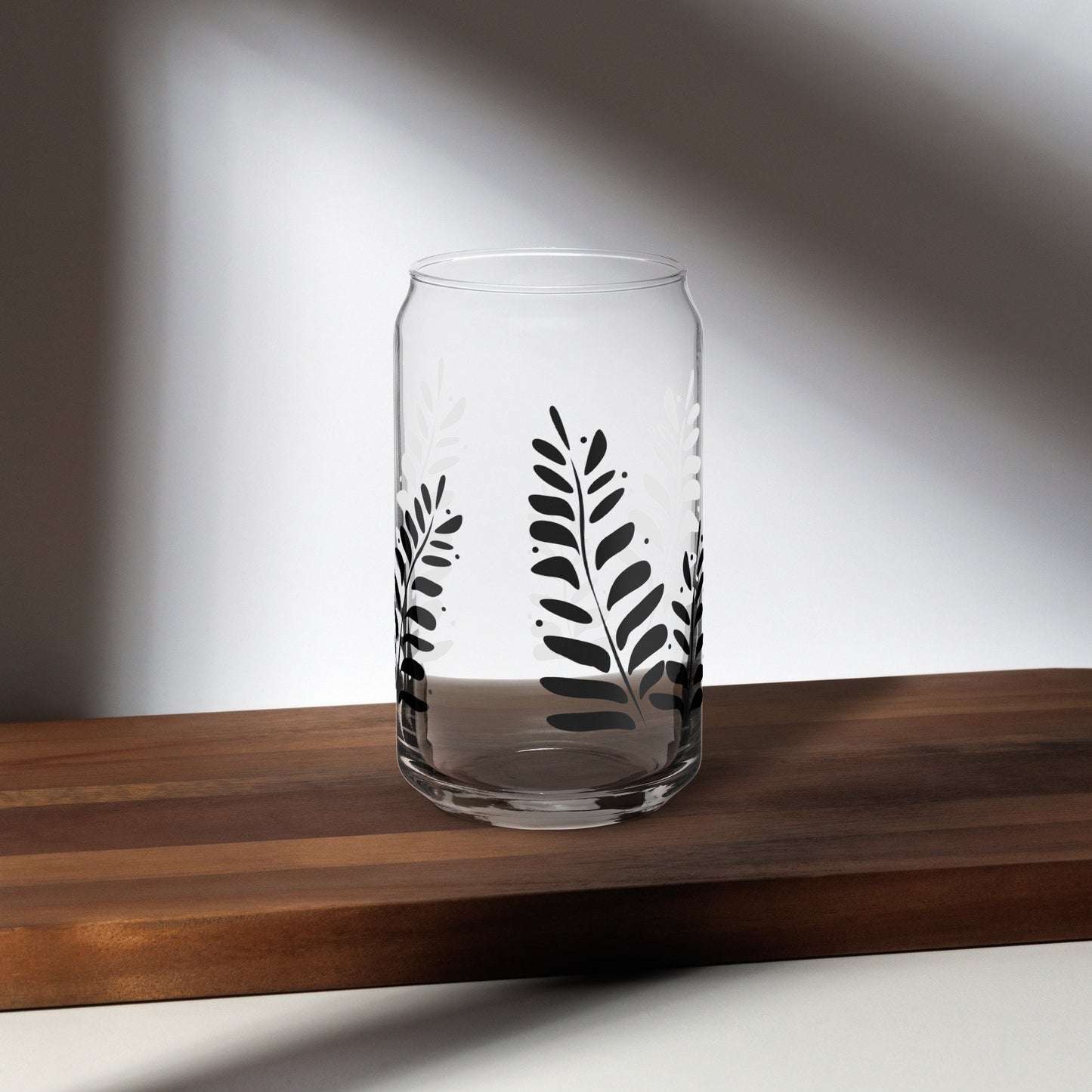 Abstract Leaf Can shaped glass cup, Fall cup for Iced Coffee, Gift for her, Smoothie Glass, Cold Drink Cup, Boho Vibes