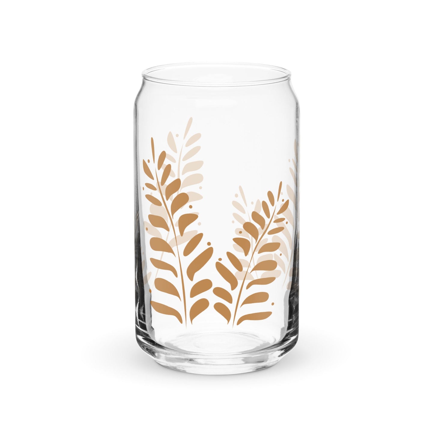 Abstract Leaf Can shaped glass cup, Fall cup for Iced Coffee, Gift for her, Smoothie Glass, Cold Drink Cup, Boho Vibes