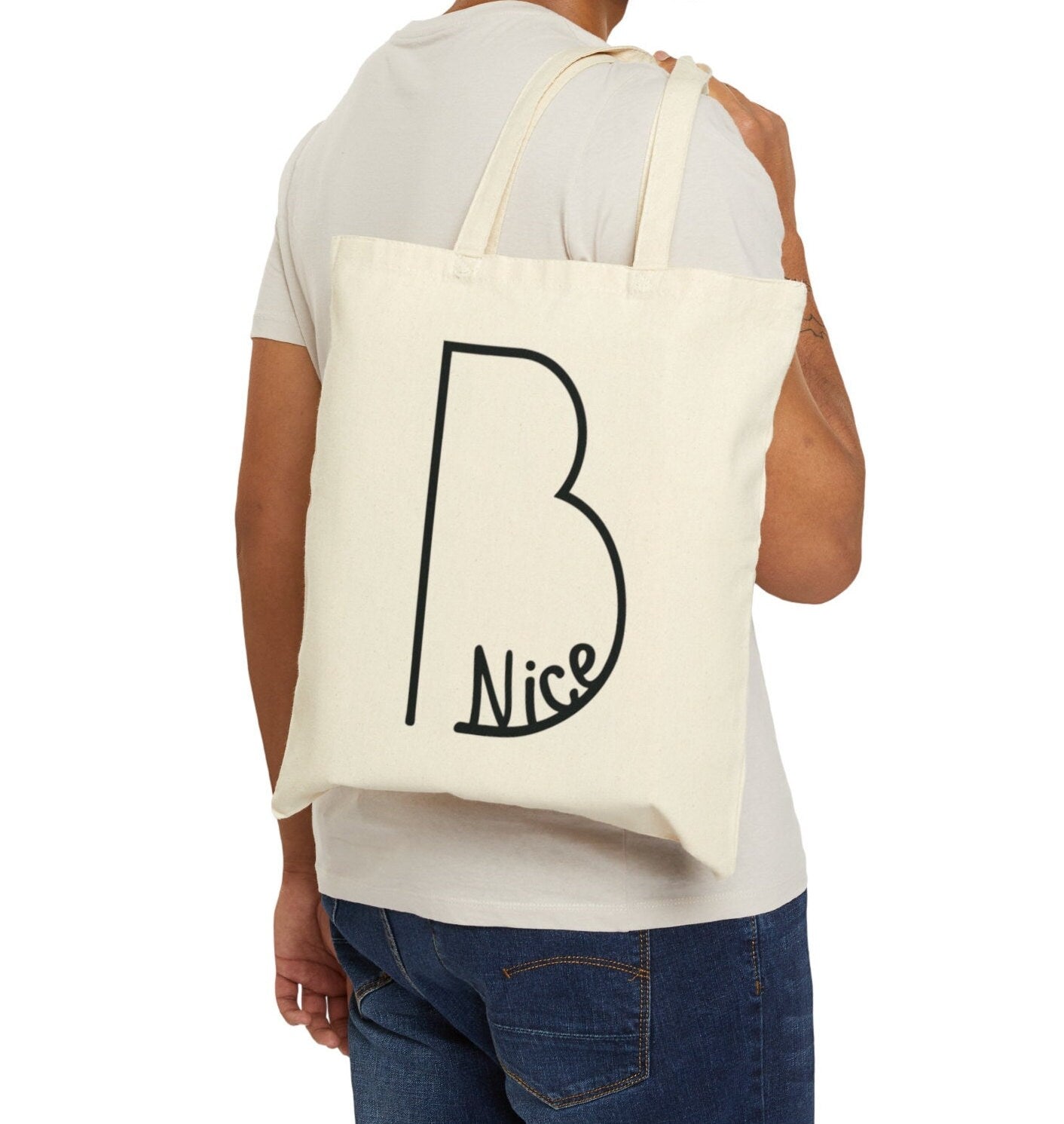 Be Nice Tote Bag for Farmers Market Natural Tote for Holiday Gift for Her xmas graphic bag for gift exchange for white elephant Funny quote